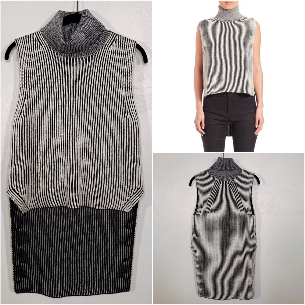 Derek Lam 10 Crosby 100% Wool Striped High Lo Sleeveless Turtleneck Sweater